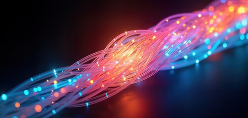 Poster - Abstract illustration of glowing fiber optic cables. Colorful strands intertwine creating network of light. Vibrant blue, orange hues highlight digital connectivity. Image suggests speed, futuristic