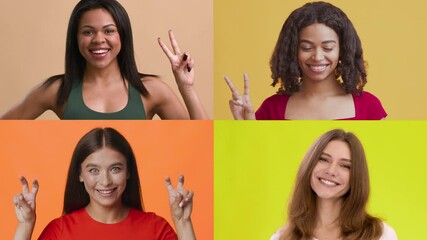 Poster - Four individuals of different backgrounds display joyful expressions while making peace signs.