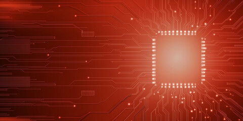 Poster - Red printed circuit board with glowing microchip communicating data