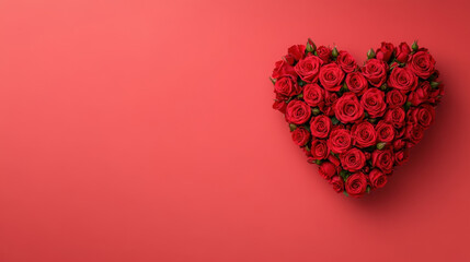 Wall Mural - heart shaped arrangement of red roses on vibrant red background, perfect for expressing love and romance. This stunning floral display is ideal for Valentine Day celebrations