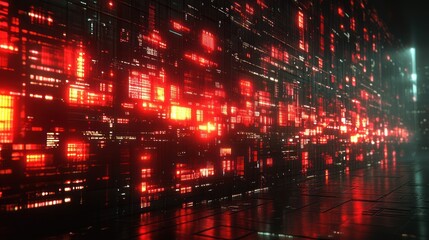 Poster - Glowing red digital wall in dark futuristic corridor.