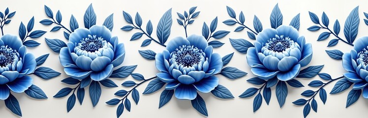 Poster - Detailed illustration of blue, white floral design. Vintage porcelain floral texture ornament. Floral pattern with intricate leaves, blossoms. Perfect for home decor interior design. Beautiful