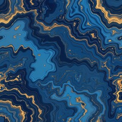 Poster - Abstract design with blue marble texture, gold swirls. Intricate patterns create mesmerizing effect. Modern artwork evokes sense of deep blues, soft gold accents. Ideal for background wallpaper.