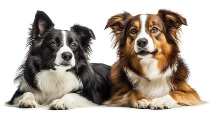 Poster - Two Border Collies lying, studio white background, pet adoption