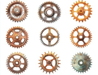 Wall Mural - Nine rusty gears, varying sizes and designs, isolated on white.