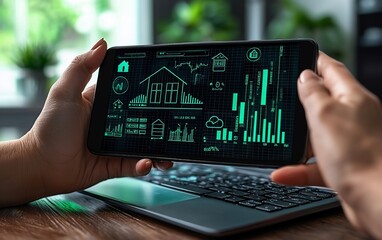 Poster - Hands holding tablet displaying smart home data and graphs.