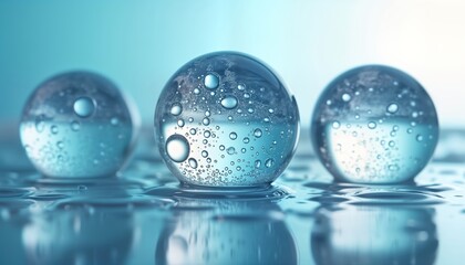 Poster - Abstract spheres filled with water bubbles sit on surface of blue water. Round shapes, liquid reflections create captivating visual. Clean water, light colors offer sense of purity, freshness.