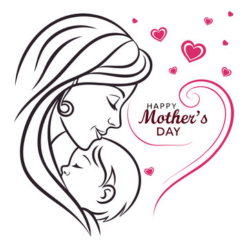 Mother and child abstract illustration, minimalist line art, black and pink color scheme, Mother's Day greeting card Design