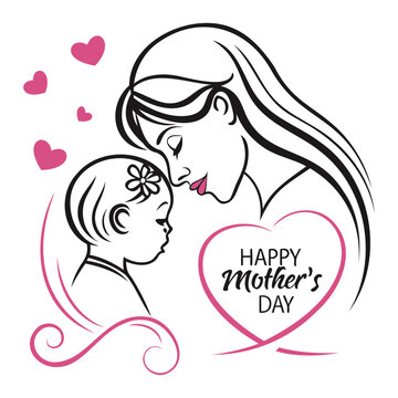 Mother and child abstract illustration, minimalist line art, black and pink color scheme, Mother's Day greeting card Design