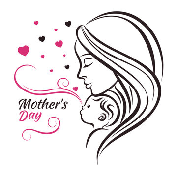 Mother and child abstract illustration, minimalist line art, black and pink color scheme, Mother's Day greeting card Design