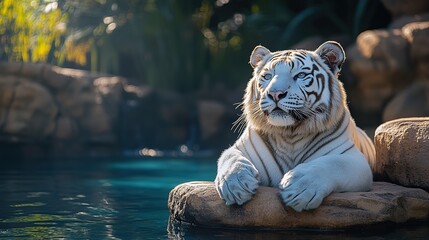 Wall Mural - White tiger rests poolside, lush greenery background