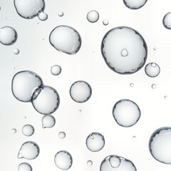 Poster - Clear serum oil drops float in water against transparent background. Bubbles appear in different sizes, shapes. Glossy, shiny. Image shows fluid motion, purity. Closeup view highlights texture of