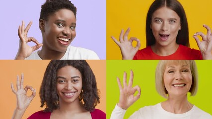 Poster - Four individuals express happiness and connection by making the 'OK' gesture against colorful backgrounds. Their diverse backgrounds and emotions highlight unity and positivity.