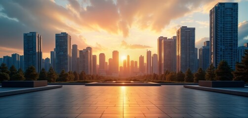 Aufkleber - Empty courtyard at sunrise. Modern cityscape background with tall buildings. Golden hour light illuminates skyscrapers. Green trees, bushes in foreground. Calm, peaceful scene. Urban landscape. Sunny
