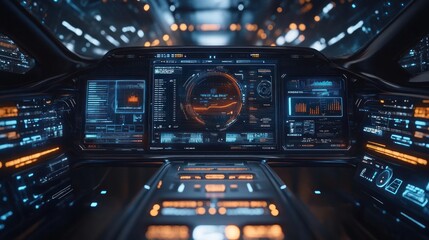 Futuristic spaceship cockpit interior with glowing digital displays and control panels.