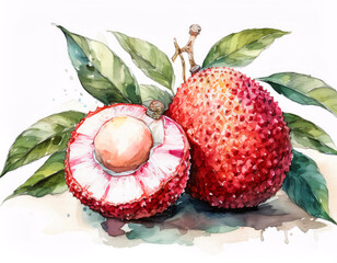 Wall Mural - A watercolor painting of two lychees, one sliced open to reveal its white flesh and a large seed