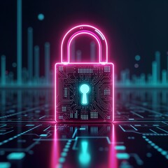 Leinwandbilder - Digital padlock with circuit board design. Secure tech concept. Neon lights highlight tech details. Abstract illustration. Cyber security theme. Modern tech protection. Encryption, access control.
