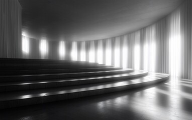 Aufkleber - Monochrome amphitheater with curved seating and sheer curtains, illuminated by soft light.