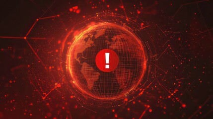 Poster - A red warning icon with an exclamation mark placed over a globe wrapped in a digital grid, symbolizing global cybersecurity threats and risk management.