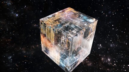 Poster - A semi-transparent data cube floating in space, with visible layers of code running through it, symbolizing data encryption and layers of information.