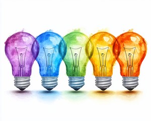 Poster - Five colorful watercolor light bulbs in a row.