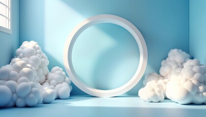 Poster - Abstract 3D composition with airy white clouds on calming light blue background. Circular white form in center creates clean presentation area. Soft light highlights clouds. Ideal for product display