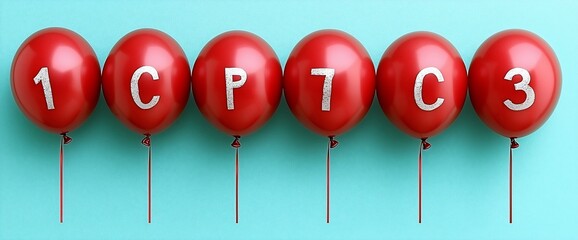 Aufkleber - Red balloons with numbers and letters forming a sequence on a blue background.