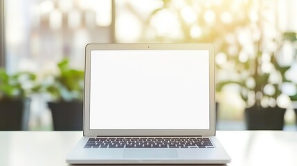 Poster - A silver laptop with a blank white screen sits on a minimalist white desk. A blurred background shows plants in pots. Clean, modern aesthetic.