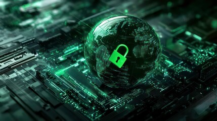 Poster - A sleek digital interface showing a rotating green globe with a padlock effect, overlaying a complex circuit board, indicating the future of cybersecurity and protective measures