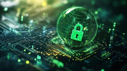 Poster - A sleek digital interface showing a rotating green globe with a padlock effect, overlaying a complex circuit board, indicating the future of cybersecurity and protective measures