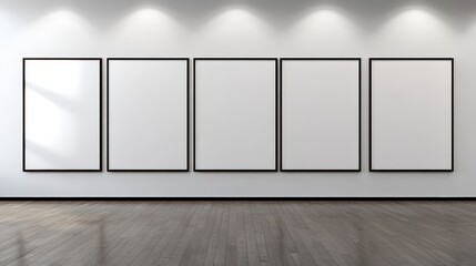 Poster - blank white frames on wall in modern gallery setting with warm lighting and wooden floor for artisti