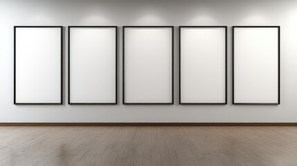 Poster - five empty white frames arranged neatly on a stylish wall in a modern gallery setting, ready for art