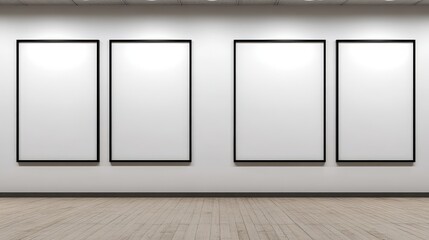 Poster - five blank white frames on a minimalistic wall with wooden flooring, perfect for showcasing artwork 