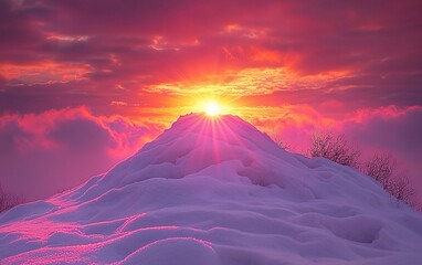 Canvas Print - Vibrant sunset over snow-covered mountain peak.