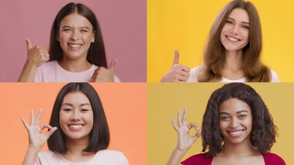 Poster - Four people from different backgrounds display positive gestures and smiles against vibrant backgrounds.