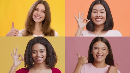 Leinwandbilder - Four individuals smile and gesture positively against bright, colorful backgrounds. Each person showcases unique features, demonstrating diversity and joy in a unified setting.