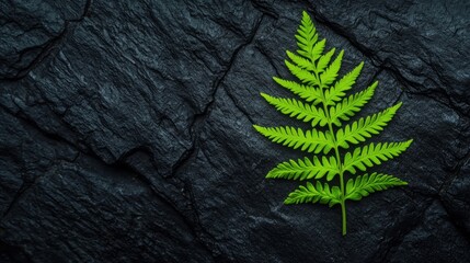 Canvas Print - Vibrant green fern leaf on textured dark stone background