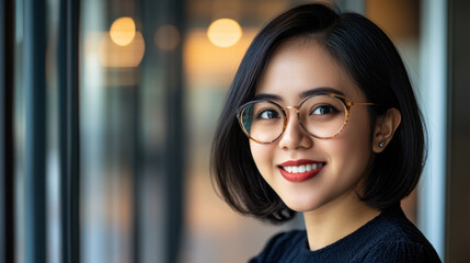 Wall Mural - young woman with short hair and glasses smiles warmly, showcasing her confidence and style. background features soft, blurred lights, enhancing cheerful atmosphere