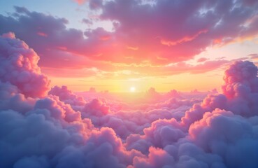 Poster - Colorful cloudscape panorama at sunset. Pastel colors highlight soft clouds, warm light. Sky full of fluffy cumulus clouds. Beautiful, peaceful evening scene. Perfect for wallpaper background. Dreamy