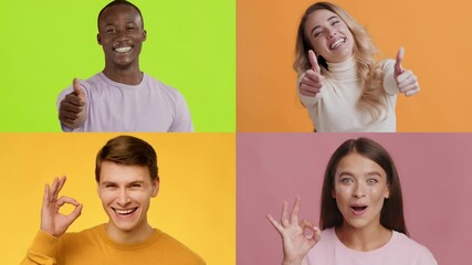 Poster - A collection of four individuals showcasing diverse backgrounds and emotions. Each person exhibits a unique expression of joy against vibrant, colorful backdrops.