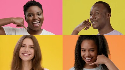 Poster - Four individuals of diverse backgrounds express happiness and positivity through playful gestures. The bright, colorful backgrounds enhance their joyful emotions, creating an inviting atmosphere.