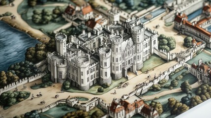 artistic illustrations of Leeds Castle architecture, highlighting its majestic castle building