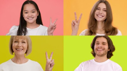 Poster - A collection of four individuals, showcasing their joy and emotions through peace signs. Each person belongs to a different age group, set against bright, colorful backgrounds.