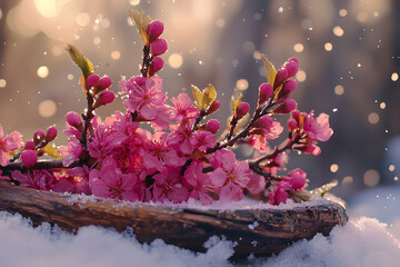 Poster - Pink blossoms in snow, winter sunset.  Greeting card