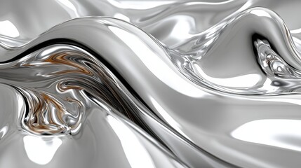 Poster - glossy silver flowing metal surface with fluid texture and chrome finish reflecting light and creati