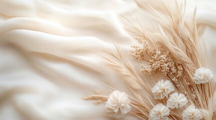 Poster - Elegant Boho Style Background with Textured Fabric and Delicate Dried Flowers for Artistic and Creative Designs