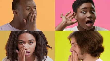 Poster - A collection of diverse individuals showcases a range of emotions, including surprise and joy. The brightly colored backgrounds enhance their positive expressions and gestures, highlighting unity.