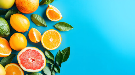 Aufkleber - Vibrant Citrus Fruits on Blue Background with Fresh Leaves for Healthy Living : Generative AI