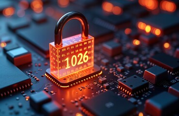 Poster - Glowing padlock with binary code 1026 shows tech security concept. Modern tech object on circuit board. Secure tech protected system. Illustration for tech safety, protection. Concept of digital