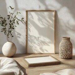 Poster - Elegant Mockup of Empty Picture Frames on Wooden Floor Surrounded by Decorative Elements in Soft Natural Light for Art Showcase